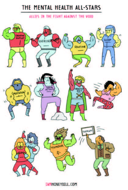 a cartoon of the Mental Health All Stars by iamhoneydill.com, a depiction of several muscle bound characters with the names: Creative Outlet, Exercise, Routine, Sleep, Meditation, Social Anxiety, Healthy Diet, Love, Sun and Air, Humour and Therapy